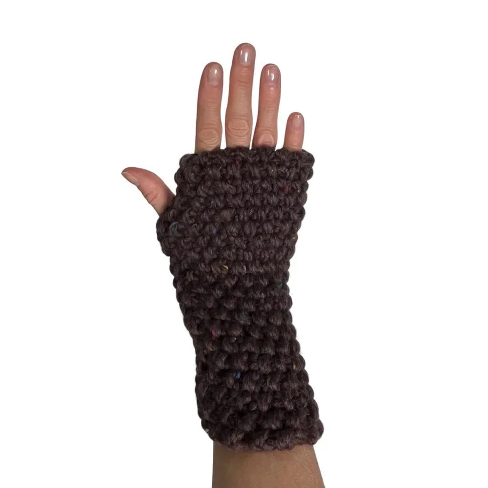 Brown Merino Wool Knit Mittens Hamdmade Chunky Knit Fingerless Gloves Thumbholes